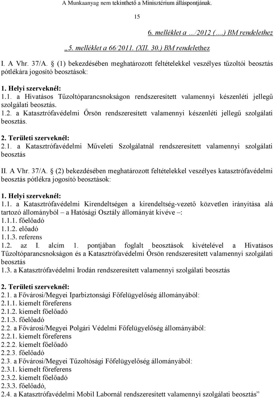 1.2. a Katasztrófavédelmi Őrsön rendszeresített valamennyi készenléti jellegű szolgálati beosztás. 2. Területi szerveknél: 2.1. a Katasztrófavédelmi Műveleti Szolgálatnál rendszeresített valamennyi szolgálati beosztás II.