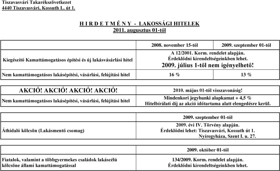 Nem kamattámogatásos lakásépítési, vásárlási, felújítási hitel 16 % 13 % AKCIÓ! AKCIÓ! AKCIÓ! AKCIÓ! Nem kamattámogatásos lakásépítési, vásárlási, felújítási hitel 2010. május 01-től visszavonásig!