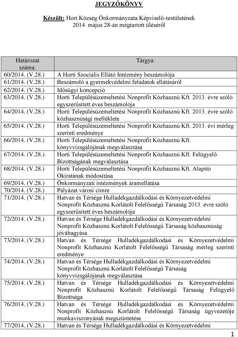 évre szóló egyszerűsített éves beszámolója 64/2014. (V.28.) Horti Településüzemeltetési Nonprofit Közhasznú Kft. 2013. évre szóló közhasznúsági melléklete 65/2014. (V.28.) Horti Településüzemeltetési Nonprofit Közhasznú Kft. 2013. évi mérleg szerinti eredménye 66/2014.