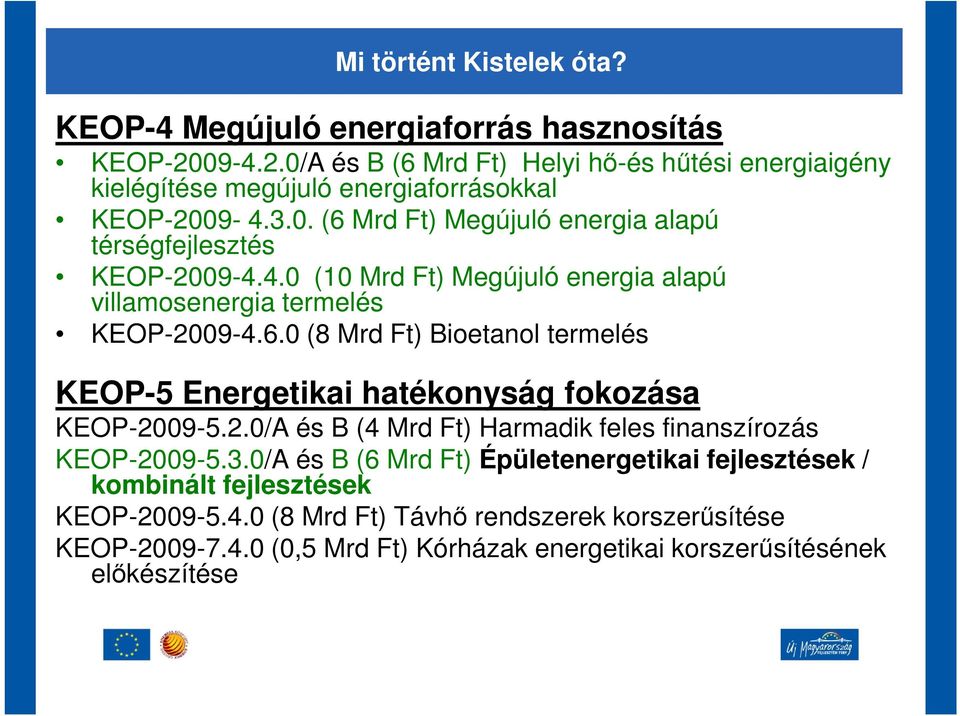 4.0 (10 Mrd Ft) Megújuló energia alapú villamosenergia termelés KEOP-2009-4.6.0 (8 Mrd Ft) Bioetanol termelés KEOP-5 Energetikai hatékonyság fokozása KEOP-2009-5.2.0/A és B (4 Mrd Ft) Harmadik feles finanszírozás KEOP-2009-5.