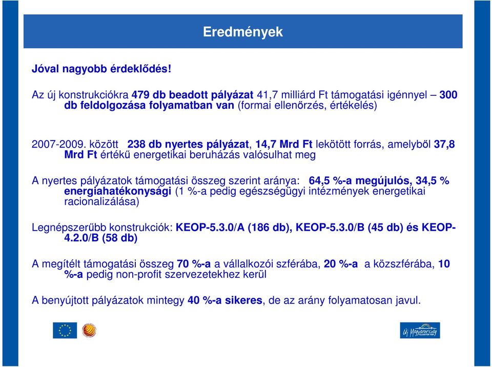 megújulós, 34,5 % energiahatékonysági (1 %-a pedig egészségügyi intézmények energetikai racionalizálása) Legnépszerűbb konstrukciók: KEOP-5.3.0/A (186 db), KEOP-5.3.0/B (45 db) és KEOP- 4.2.