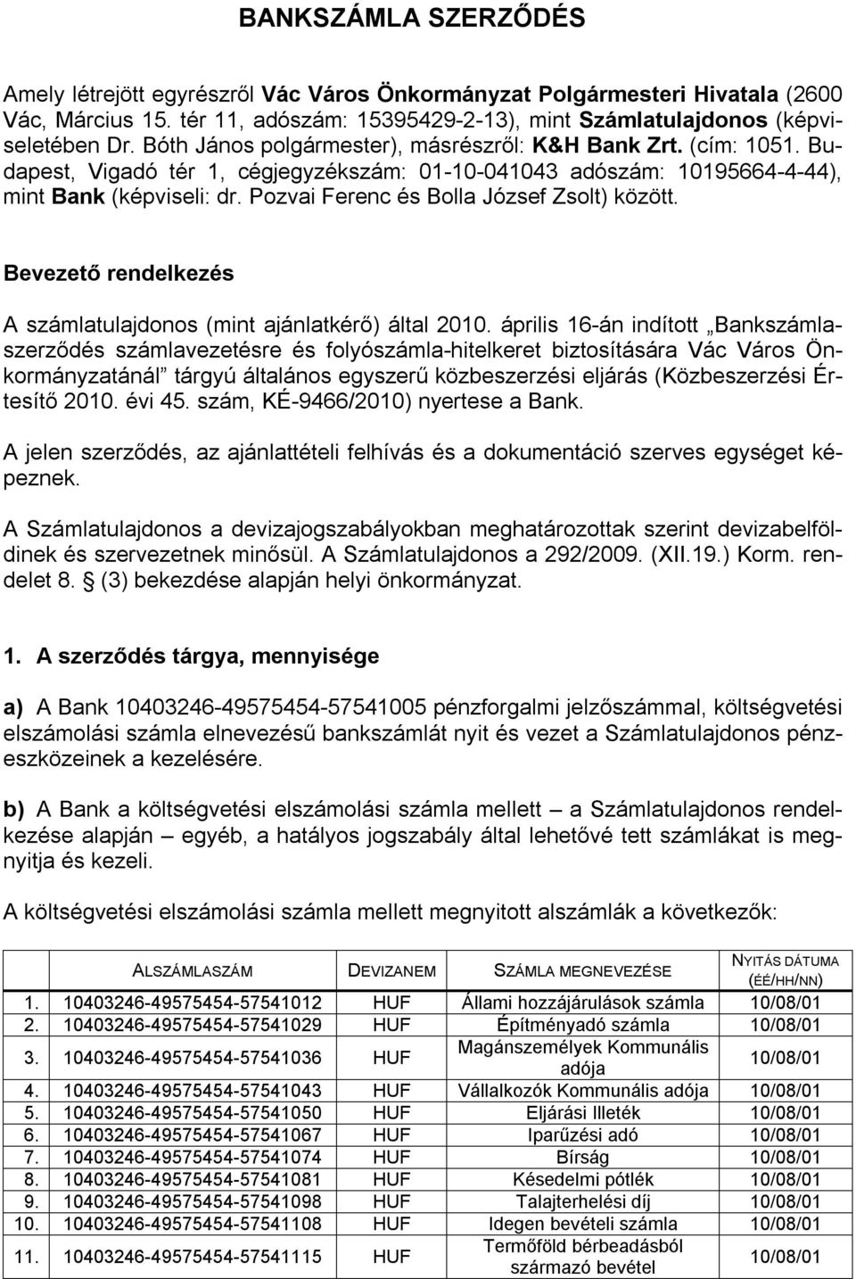 Pozvai Ferenc és Bolla József Zsolt) között. Bevezető rendelkezés A számlatulajdonos (mint ajánlatkérő) által 2010.