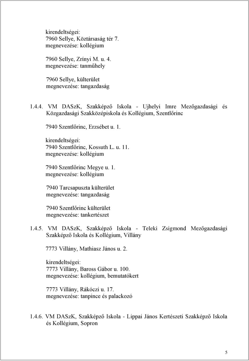 4. VM DASzK, Szakképző Iskola - Ujhelyi Imre Mezőgazdasági és Közgazdasági Szakközépiskola és Kollégium, Szentlőrinc 7940 Szentlőrinc, Erzsébet u. 1. kirendeltségei: 7940 Szentlőrinc, Kossuth L. u. 11.