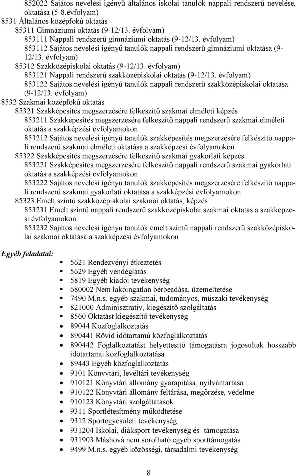 évfolyam) 85312 Szakközépiskolai oktatás (9-12/13. évfolyam) 853121 Nappali rendszerű szakközépiskolai oktatás (9-12/13.