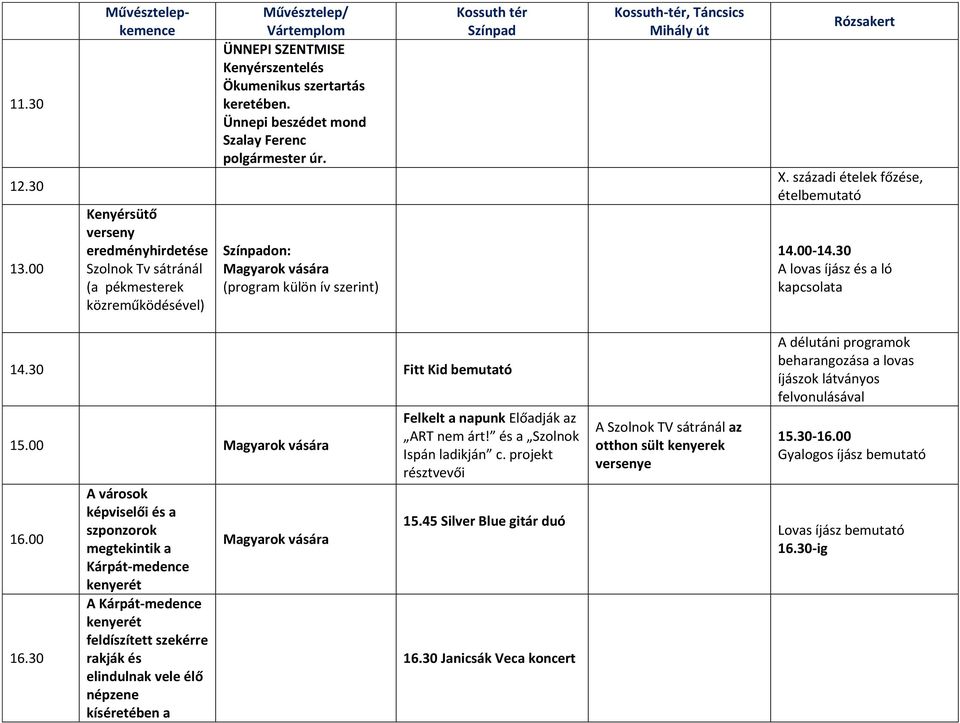 keretében. Ünnepi beszédet mond Szalay Ferenc polgármester úr. Színpadon: Magyarok vására (program külön ív szerint) Kossuth tér Színpad Kossuth-tér, Táncsics Mihály út Rózsakert X.