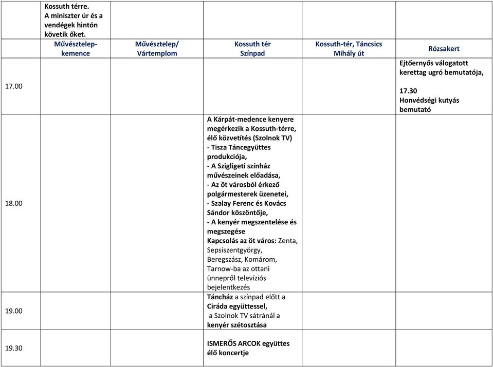 00 A Kárpát-medence kenyere megérkezik a Kossuth-térre, élő közvetítés (Szolnok TV) - Tisza Táncegyüttes produkciója, - A Szigligeti színház művészeinek előadása, - Az öt városból érkező
