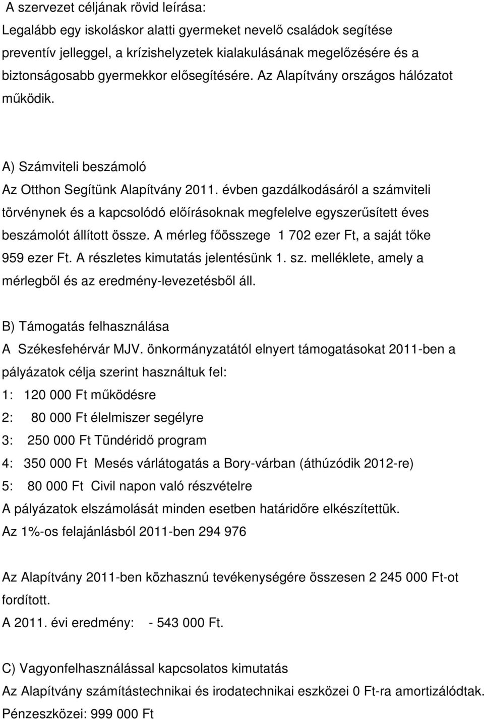 évben gazdálkodásáról a számviteli törvénynek és a kapcsolódó előírásoknak megfelelve egyszerűsített éves beszámolót állított össze. A mérleg főösszege 1 702 ezer Ft, a saját tőke 959 ezer Ft.