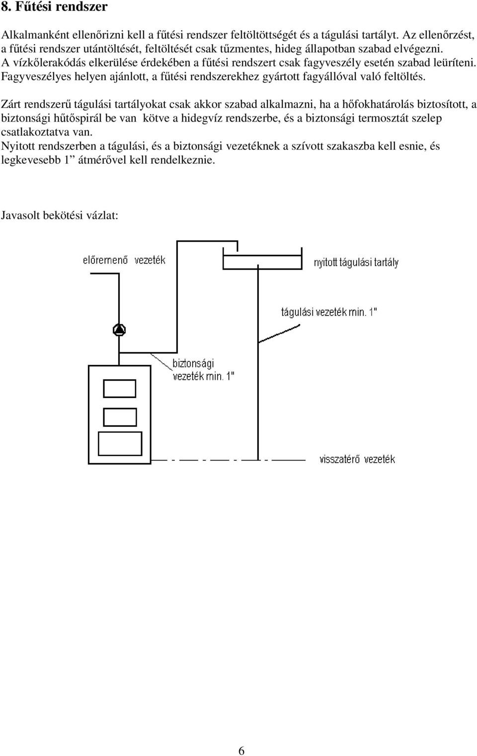 A vízkőlerakódás elkerülése érdekében a fűtési rendszert csak fagyveszély esetén szabad leüríteni. Fagyveszélyes helyen ajánlott, a fűtési rendszerekhez gyártott fagyállóval való feltöltés.