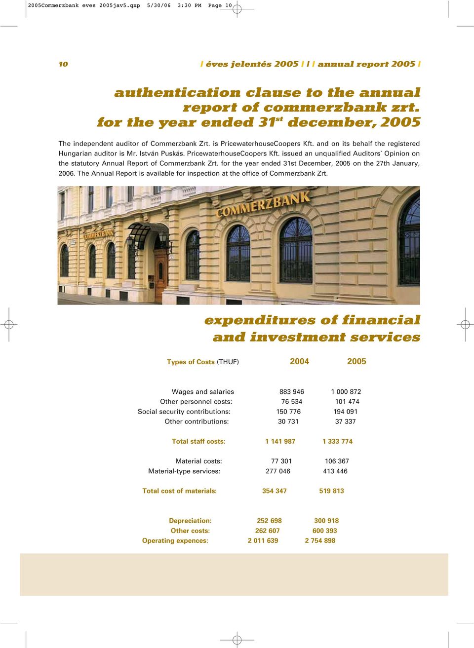 PricewaterhouseCoopers Kft. issued an unqualified Auditors Opinion on the statutory Annual Report of Commerzbank Zrt. for the year ended 31st December, 25 on the 27th January, 26.