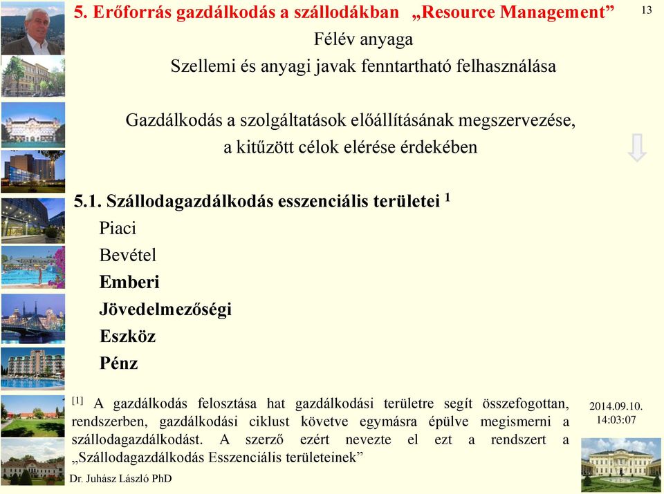 Szállodagazdálkodás esszenciális területei 1 Piaci Bevétel Emberi Jövedelmezőségi Eszköz Pénz [1] A gazdálkodás felosztása hat gazdálkodási