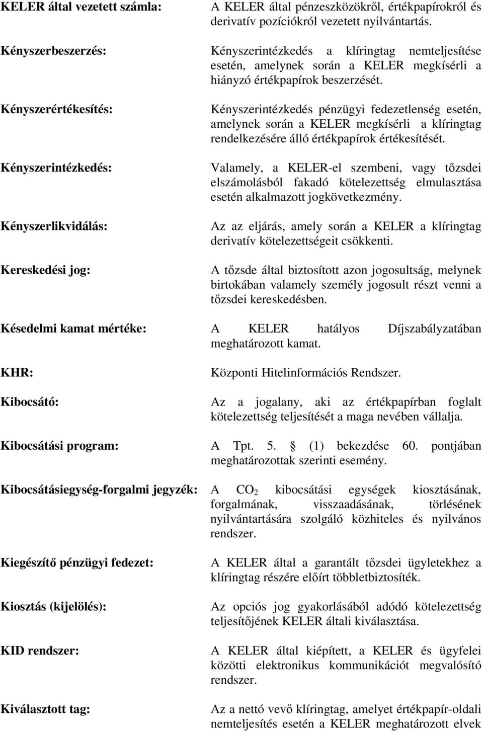 Kényszerértékesítés: Kényszerintézkedés: Kényszerlikvidálás: Kereskedési jog: Kényszerintézkedés pénzügyi fedezetlenség esetén, amelynek során a KELER megkísérli a klíringtag rendelkezésére álló