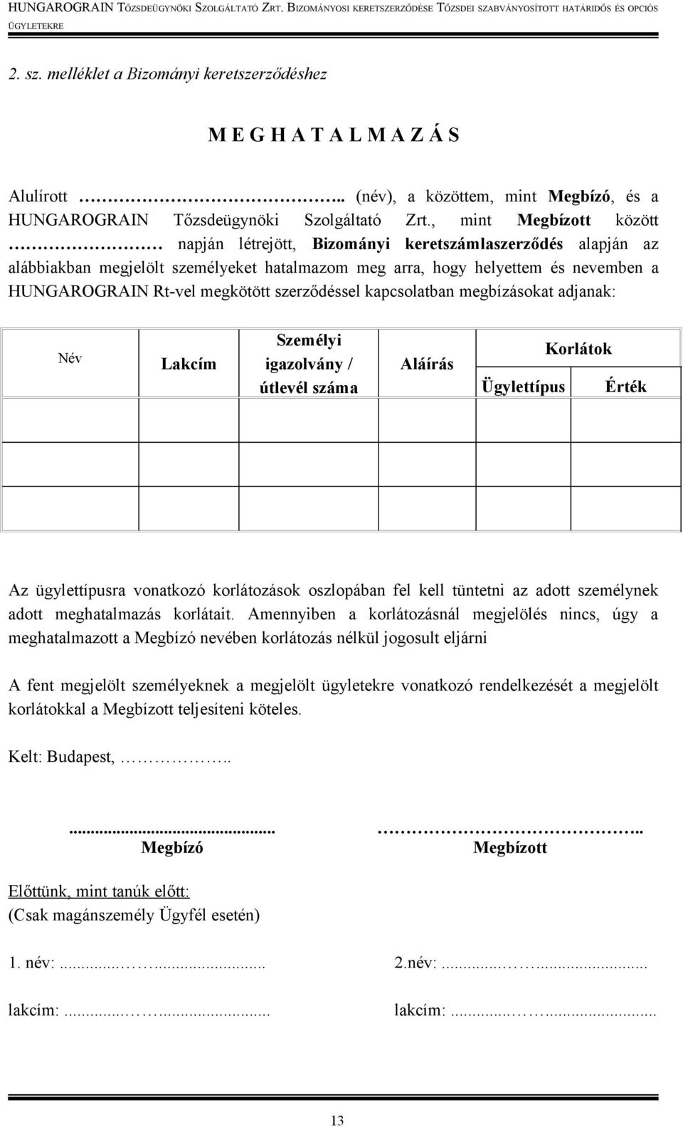 szerződéssel kapcsolatban megbízásokat adjanak: Név Lakcím Személyi igazolvány / útlevél száma Aláírás Ügylettípus Korlátok Érték Az ügylettípusra vonatkozó korlátozások oszlopában fel kell tüntetni