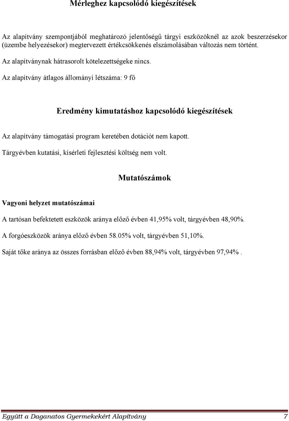 Az alapítvány átlagos állományi létszáma: 9 fő Eredmény kimutatáshoz kapcsolódó kiegészítések Az alapítvány támogatási program keretében dotációt nem kapott.