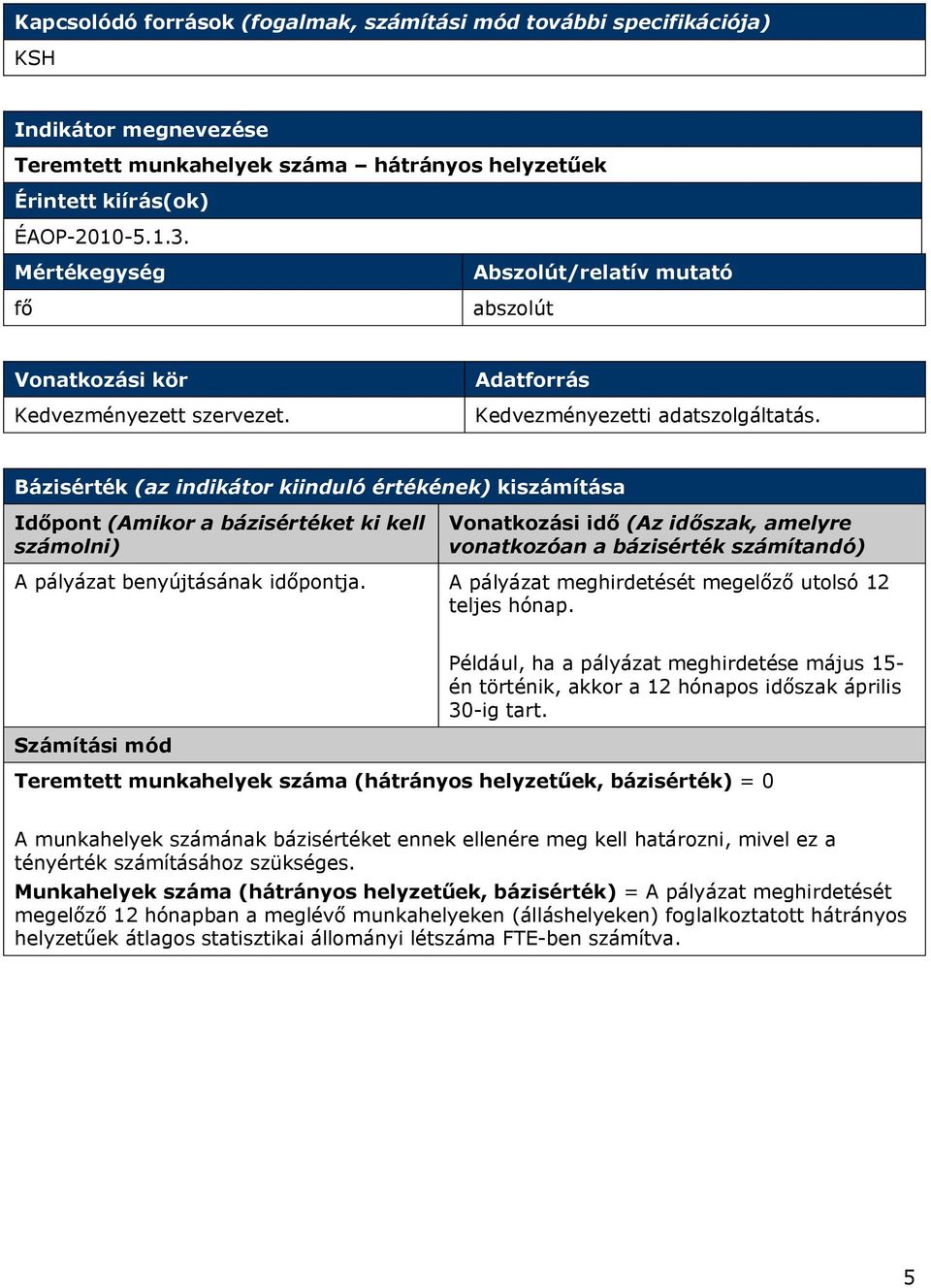 Bázisérték (az indikátor kiinduló értékének) kiszámítása Időpont (Amikor a bázisértéket ki kell számolni) Vonatkozási idő (Az időszak, amelyre vonatkozóan a bázisérték számítandó) A pályázat