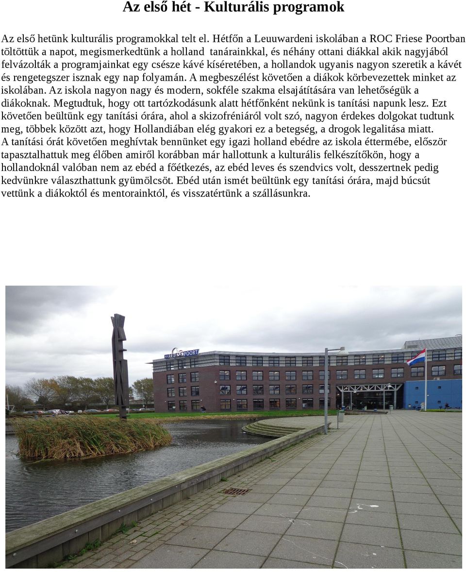 kíséretében, a hollandok ugyanis nagyon szeretik a kávét és rengetegszer isznak egy nap folyamán. A megbeszélést követően a diákok körbevezettek minket az iskolában.