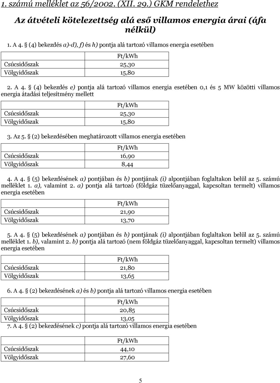 (4) bekezdés e) pontja alá tartozó villamos energia esetében 0,1 és 5 közötti villamos energia átadási teljesítmény mellett Ft/kWh Csúcsidőszak 25,30 Völgyidőszak 15,80 3. Az 5.