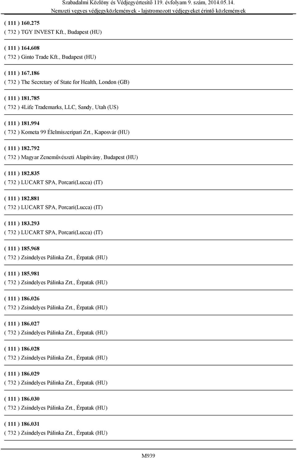 792 ( 732 ) Magyar Zeneművészeti Alapítvány, Budapest (HU) ( 111 ) 182.835 ( 732 ) LUCART SPA, Porcari(Lucca) (IT) ( 111 ) 182.