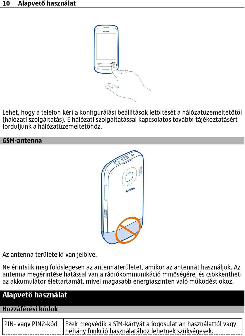 Ne érintsük meg fölöslegesen az antennaterületet, amikor az antennát használjuk.