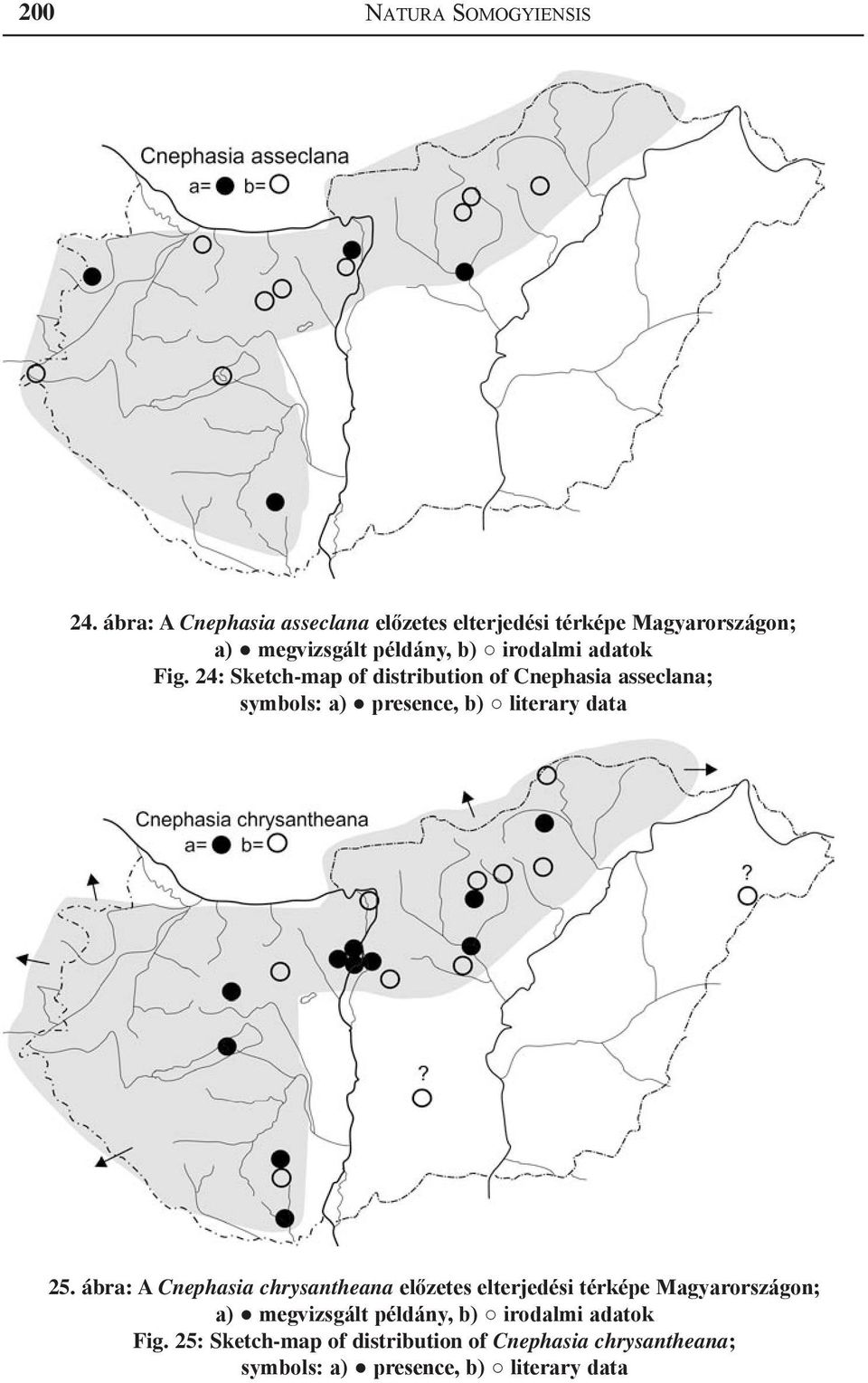 Fig. 24: Sketch-map of distribution of Cnephasia asseclana; symbols: a) presence, b) literary data 25.