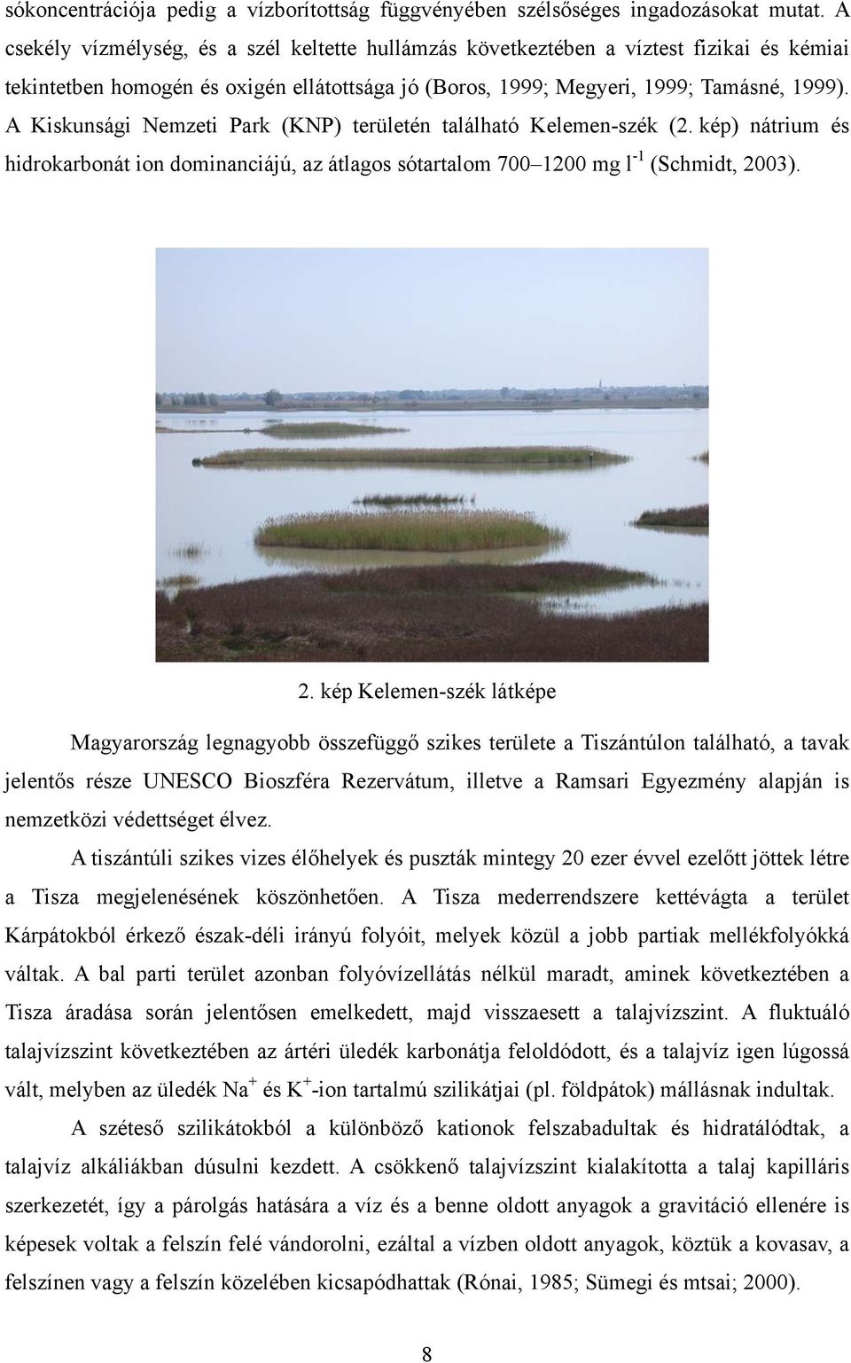 A Kiskunsági Nemzeti Park (KNP) területén található Kelemen-szék (2. kép) nátrium és hidrokarbonát ion dominanciájú, az átlagos sótartalom 700 1200 mg l -1 (Schmidt, 20