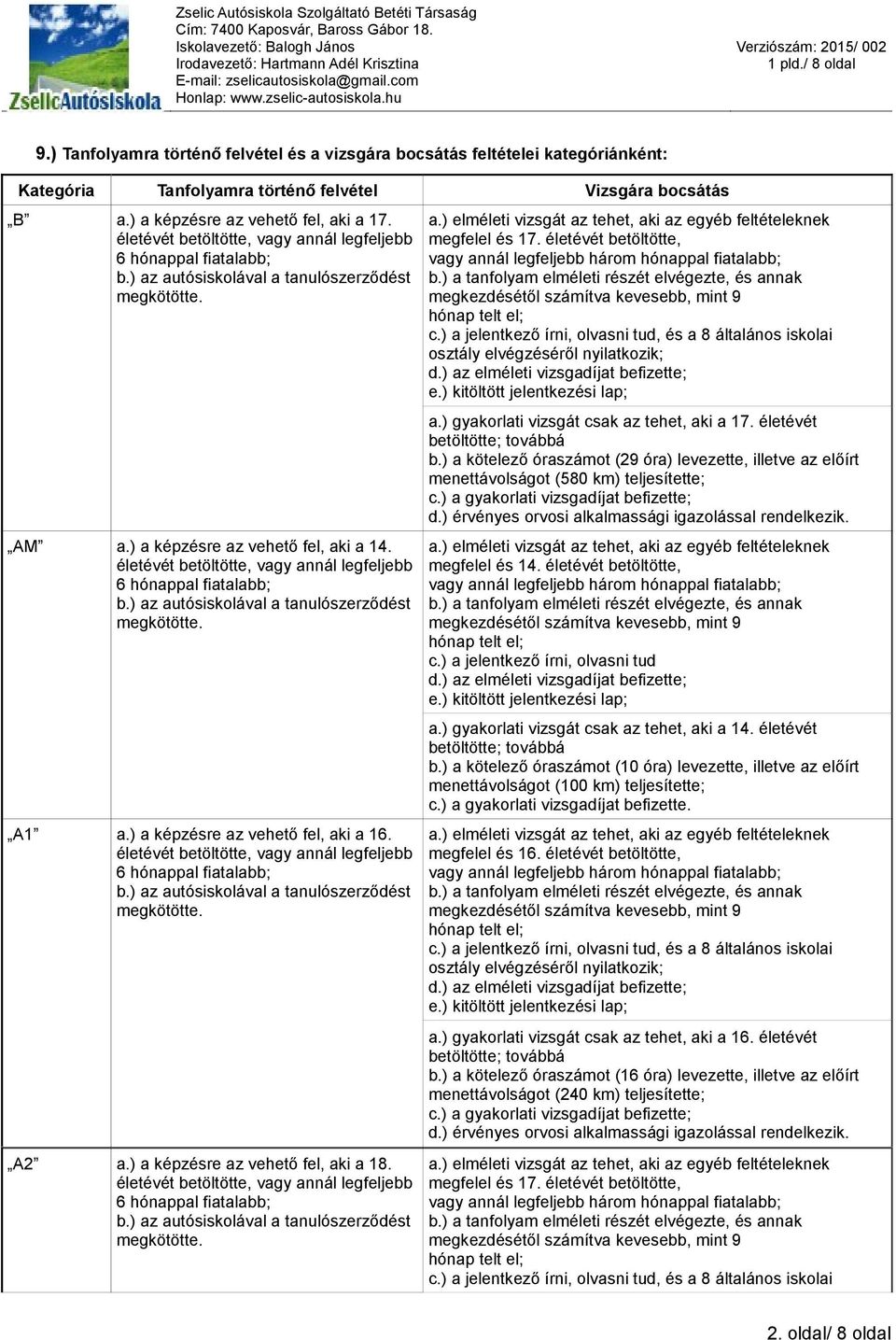 ) a jelentkező írni, olvasni tud, és a 8 általános iskolai osztály elvégzéséről nyilatkozik; a.) gyakorlati vizsgát csak az tehet, aki a 17. életévét b.