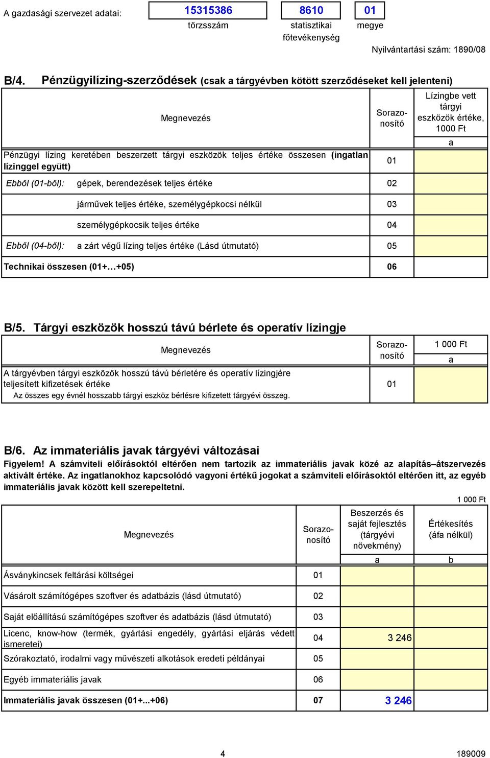 erendezések teljes értéke 2 járművek teljes értéke, személygépkocsi nélkül 3 személygépkocsik teljes értéke 4 Eől (4-ől): zárt végű lízing teljes értéke (Lásd útmuttó) 5 1 Lízinge vett tárgyi