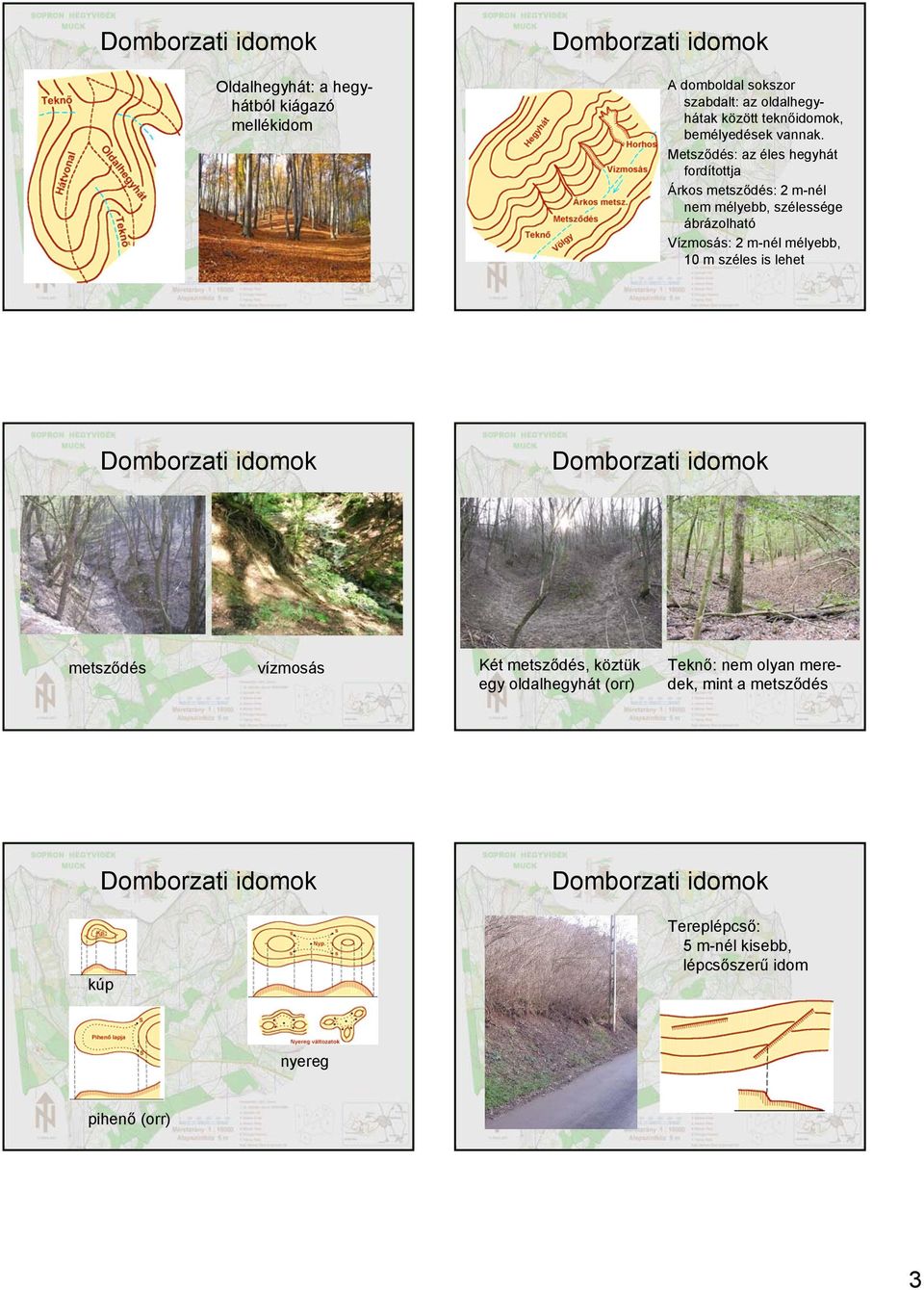 Metsződés: az éles hegyhát fordítottja Árkos metsződés: m-nél nem mélyebb, szélessége ábrázolható Vízmosás: m-nél