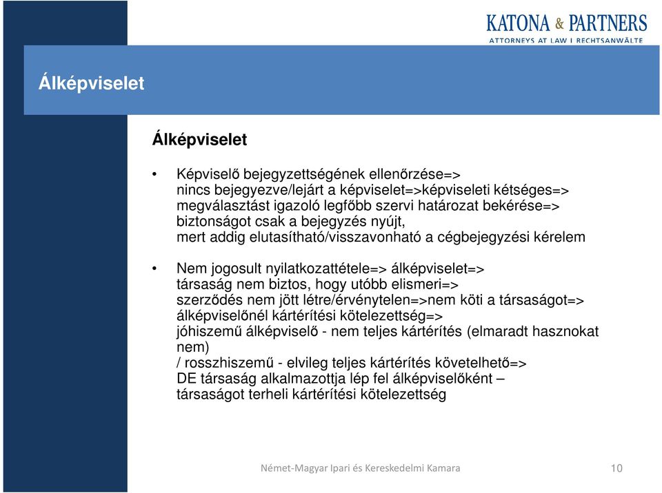 elismeri=> szerzıdés nem jött létre/érvénytelen=>nem köti a társaságot=> álképviselınél kártérítési kötelezettség=> jóhiszemő álképviselı - nem teljes kártérítés (elmaradt hasznokat nem)