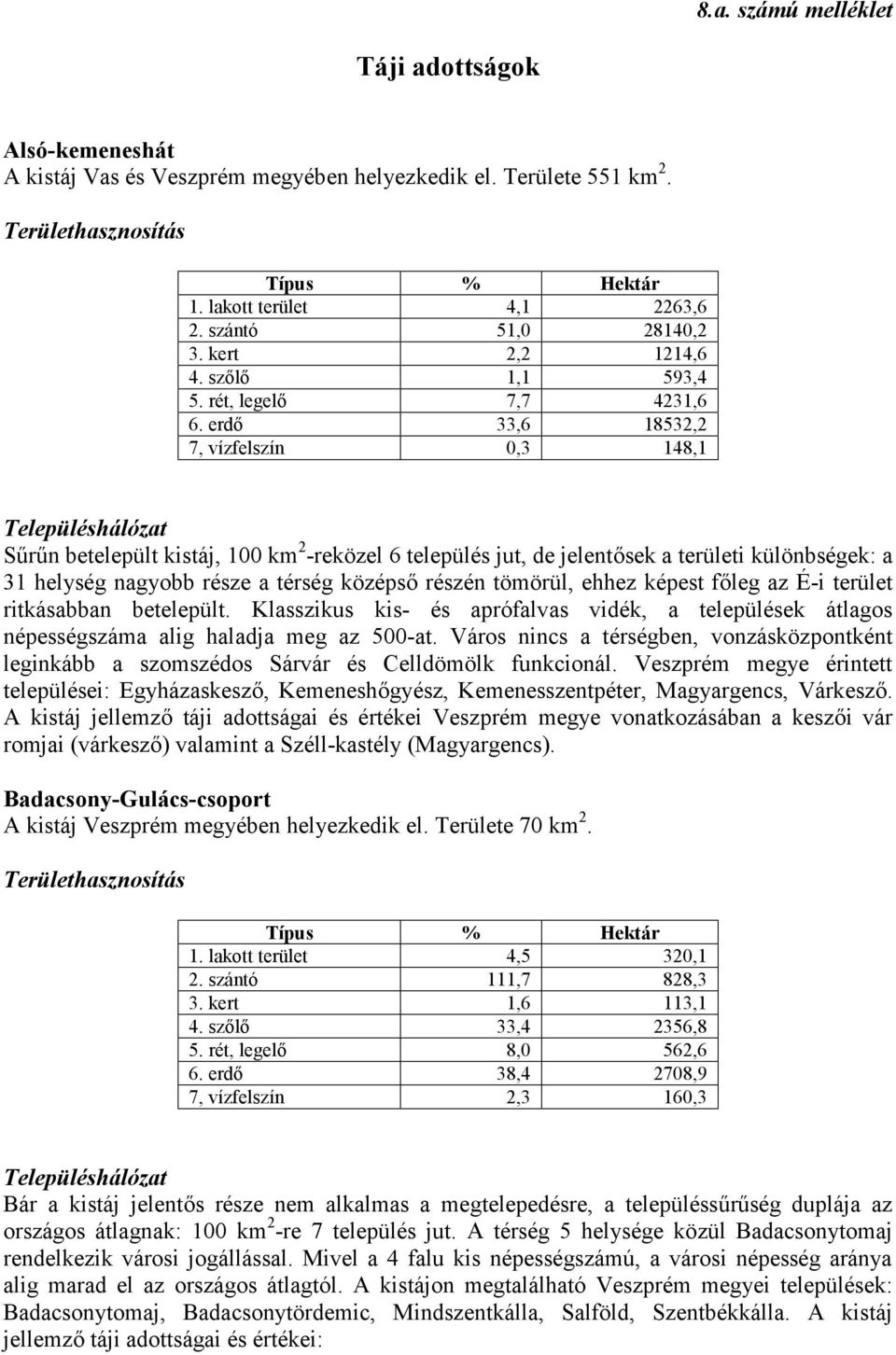 erdő 33,6 18532,2 7, vízfelszín 0,3 148,1 Sűrűn betelepült kistáj, 100 km 2 -reközel 6 település jut, de jelentősek a területi különbségek: a 31 helység nagyobb része a térség középső részén tömörül,