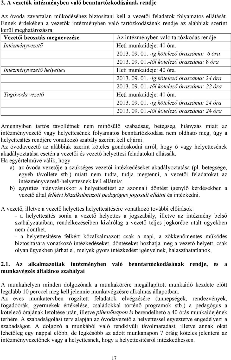 munkaideje: 40 óra. 2013. 09. 01. -ig kötelező óraszáma: 6 óra 2013. 09. 01.-től kötelező óraszáma: 8 óra Intézményvezető helyettes Heti munkaideje: 40 óra. 2013. 09. 01. -ig kötelező óraszáma: 24 óra 2013.