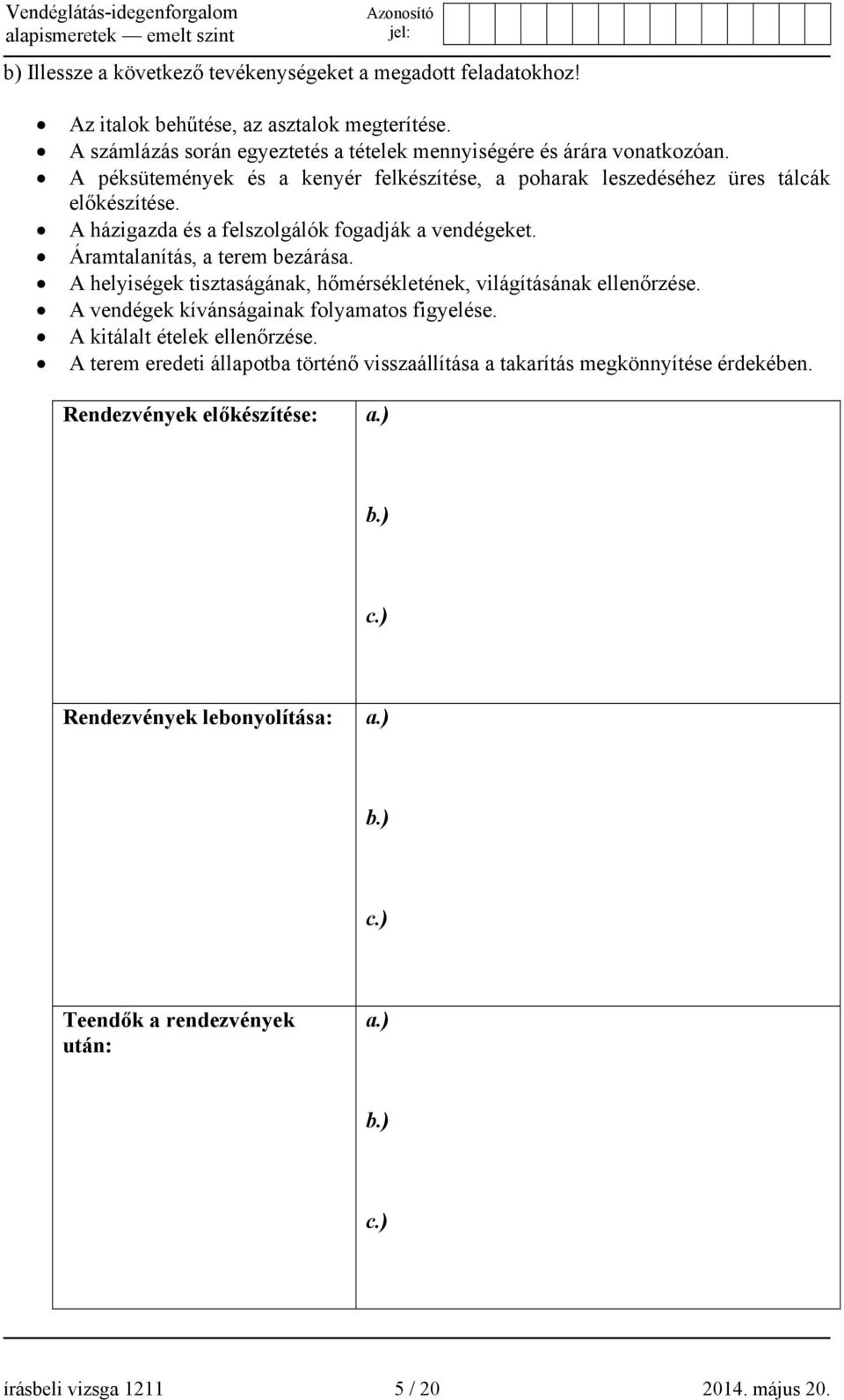 A helyiségek tisztaságának, hőmérsékletének, világításának ellenőrzése. A vendégek kívánságainak folyamatos figyelése. A kitálalt ételek ellenőrzése.