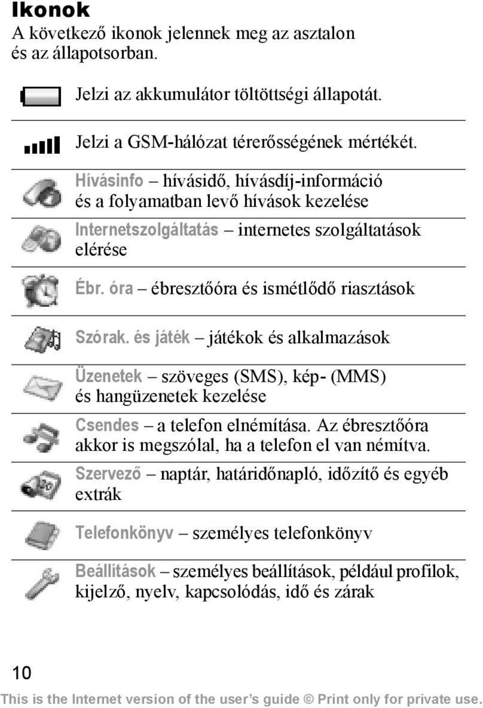 óra ébresztőóra és ismétlődő riasztások Szórak. és játék játékok és alkalmazások Üzenetek szöveges (SMS), kép- (MMS) és hangüzenetek kezelése Csendes a telefon elnémítása.