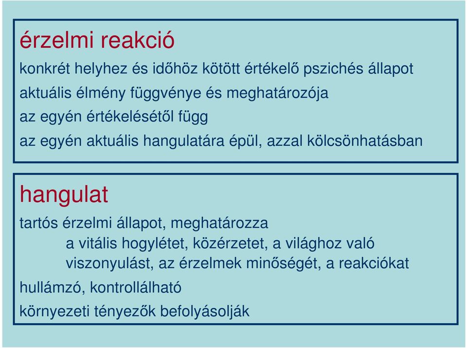 kölcsönhatásban hangulat tartós érzelmi állapot, meghatározza a vitális hogylétet, közérzetet, a