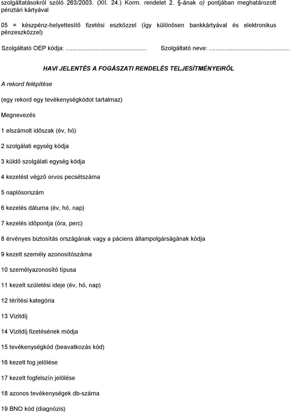 .. HAVI JELENTÉS A FOGÁSZATI RENDELÉS TELJESÍTMÉNYEIRŐL A rekord felépítése (egy rekord egy tevékenységkódot tartalmaz) Megnevezés 1 elszámolt időszak (év, hó) 2 szolgálati egység kódja 3 küldő