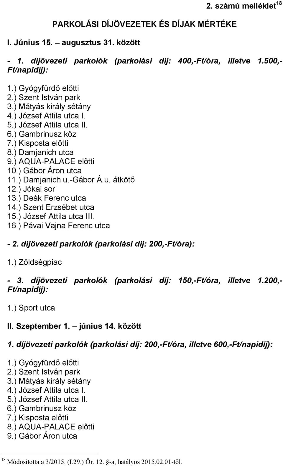 ) AQUA-PALACE előtti 10.) Gábor Áron utca 11.) Damjanich u.-gábor Á.u. átkötő 12.) Jókai sor 13.) Deák Ferenc utca 14.) Szent Erzsébet utca 15.) József Attila utca III. 16.