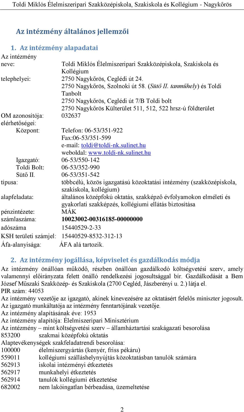 tanműhely) és Toldi Tanbolt 2750 Nagykőrös, Ceglédi út 7/B Toldi bolt 2750 Nagykőrös Külterület 511, 512, 522 hrsz-ú földterület OM azonosítója: 032637 elérhetőségei: Központ: Telefon: 06-53/351-922
