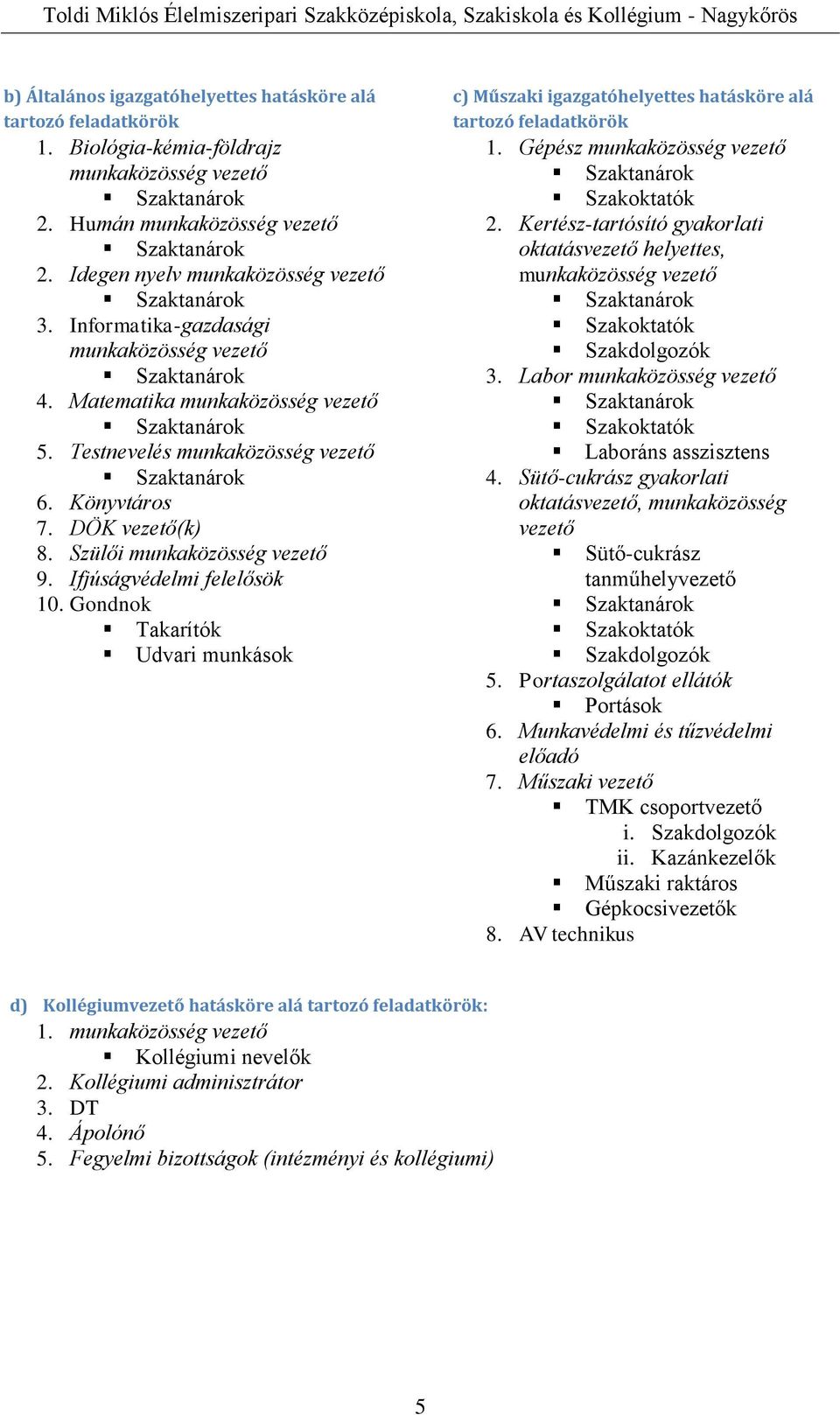 Testnevelés munkaközösség vezető Szaktanárok 6. Könyvtáros 7. DÖK vezető(k) 8. Szülői munkaközösség vezető 9. Ifjúságvédelmi felelősök 10.