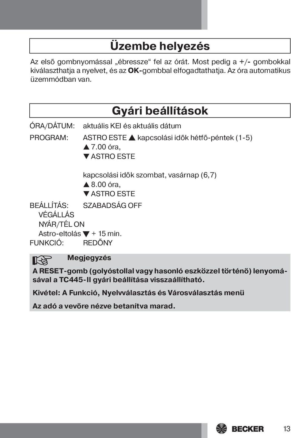 00 óra, t ASTRO ESTE kapcsolási idők szombat, vasárnap (6,7) s 8.00 óra, t ASTRO ESTE BEÁLLÍTÁS: SZABADSÁG OFF VÉGÁLLÁS NYÁR/TÉL ON Astro-eltolás t + 15 min.