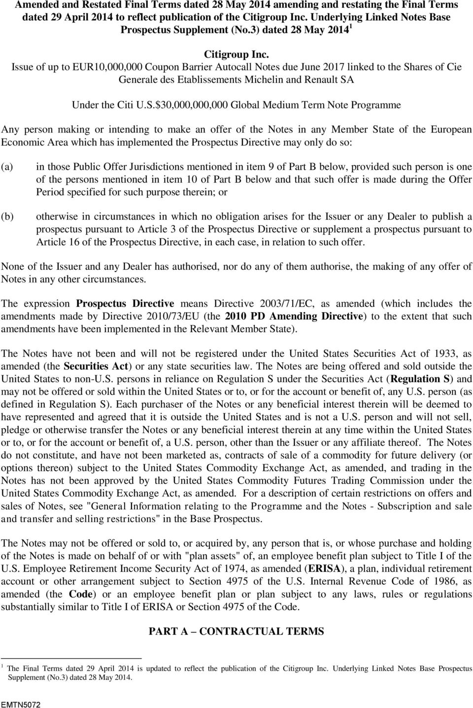 Issue of up to EUR10,000,000 Coupon Barrier Autocall Notes due June 2017 linked to the Sh