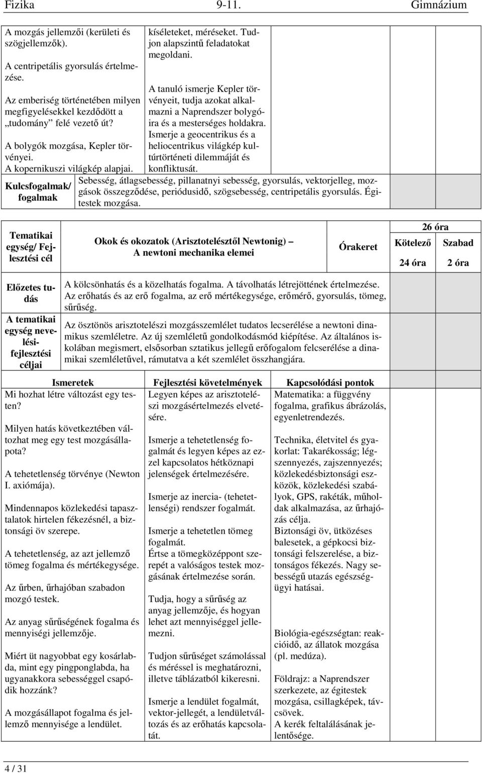 A tanuló ismerje Kepler törvényeit, tudja azokat alkalmazni a Naprendszer bolygóira és a mesterséges holdakra.
