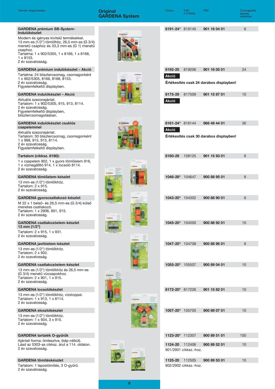 GARDENA indulókészlet Akció Aktuális szezonajánlat. Tartalom: 1 x 902/5305, 915, 913, 8114. Figyelemfelkeltő displayben, blisztercsomagolásban.
