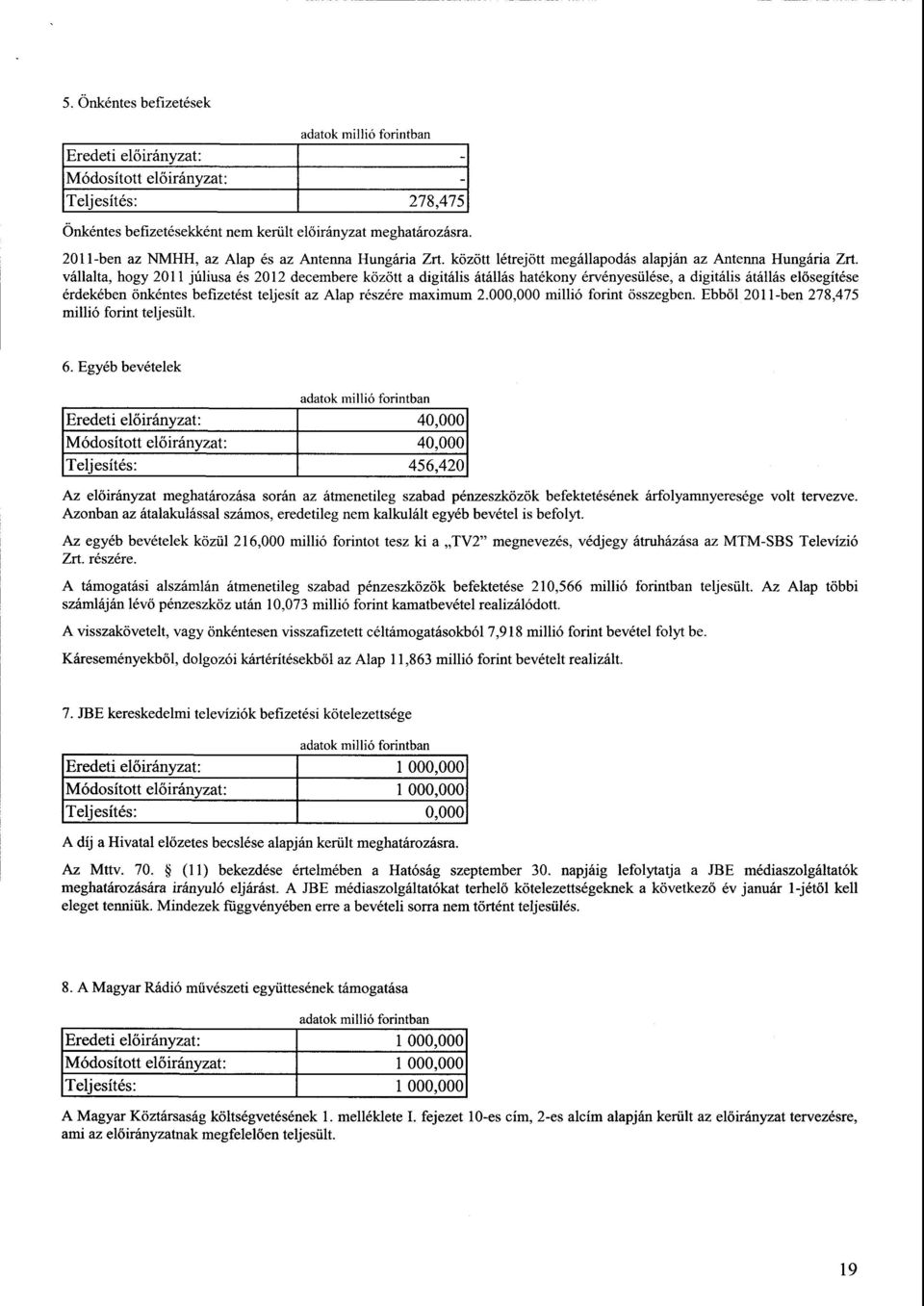 vállalta, hogy 2011 júliusa és 2012 decembere között a digitális átállás hatékony érvényesülése, a digitális átállás el ősegítése érdekében önkéntes befizetést teljesít az Alap részére maximum 2.