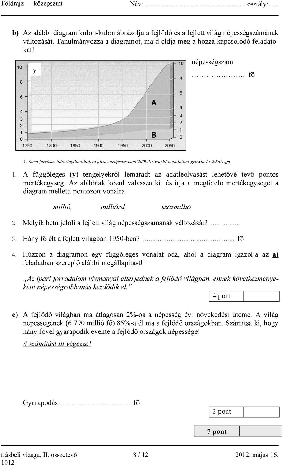 A függőleges (y) tengelyekről lemaradt az adatleolvasást lehetővé tevő pontos mértékegység. Az alábbiak közül válassza ki, és írja a megfelelő mértékegységet a diagram melletti pontozott vonalra!