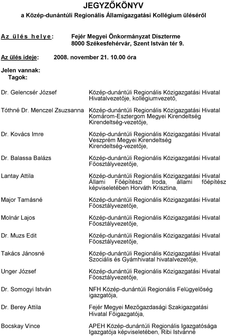 Kovács Imre Dr. Balassa Balázs Lantay Attila Major Tamásné Molnár Lajos Dr. Muzs Edit Takács Jánosné Unger József Dr. Somogyi István Dr.