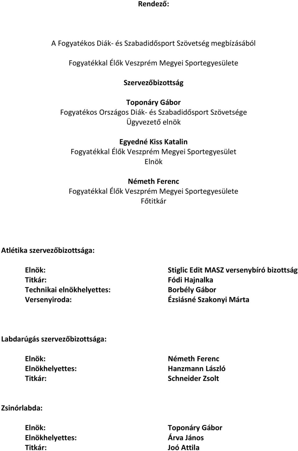 Főtitkár Atlétika szervezőbizottsága: Elnök: Titkár: Technikai elnökhelyettes: Versenyiroda: Stiglic Edit MASZ versenybíró bizottság Fódi Hajnalka Borbély Gábor Ézsiásné Szakonyi