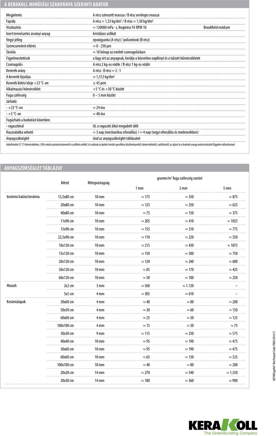 csomagolásban Figyelmeztetések a fagy árt az anyagnak, kerülje a közvetlen napfényt és a túlzott hőmérsékletet Csomagolás A rész 2 kg-os vödör / B rész 1 kg-os vödör Keverék arány A rész : B rész = 2