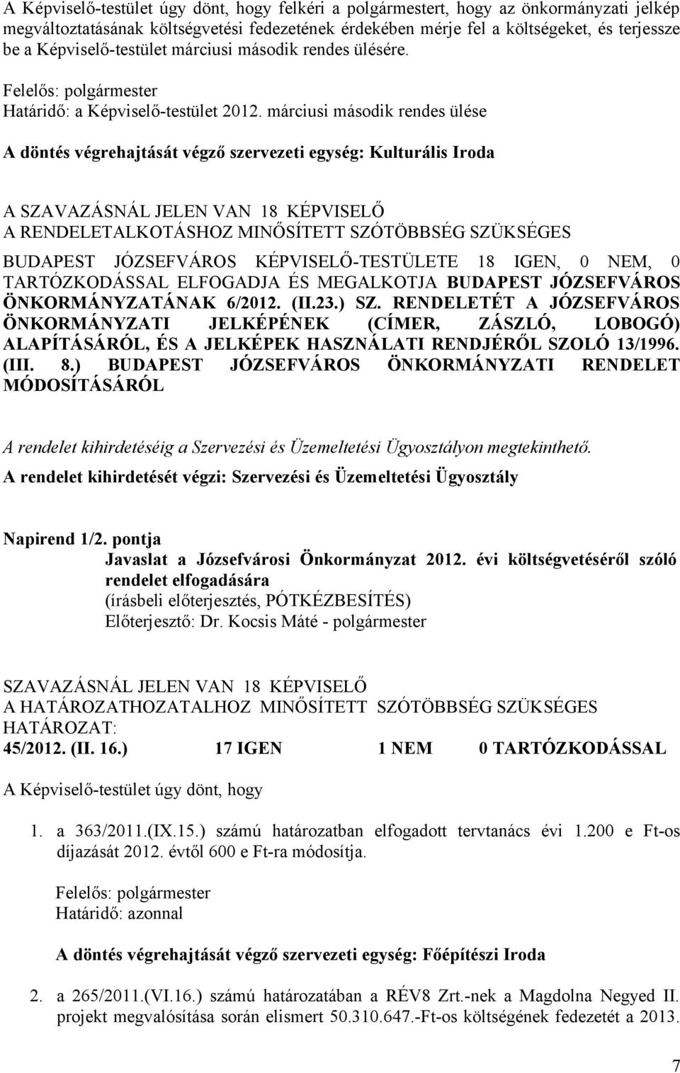 márciusi második rendes ülése A döntés végrehajtását végző szervezeti egység: Kulturális Iroda A A RENDELETALKOTÁSHOZ MINŐSÍTETT SZÓTÖBBSÉG SZÜKSÉGES BUDAPEST JÓZSEFVÁROS KÉPVISELŐ-TESTÜLETE 18 IGEN,