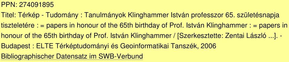 István Klinghammer : = papers in honour of the 65th birthday of Prof.