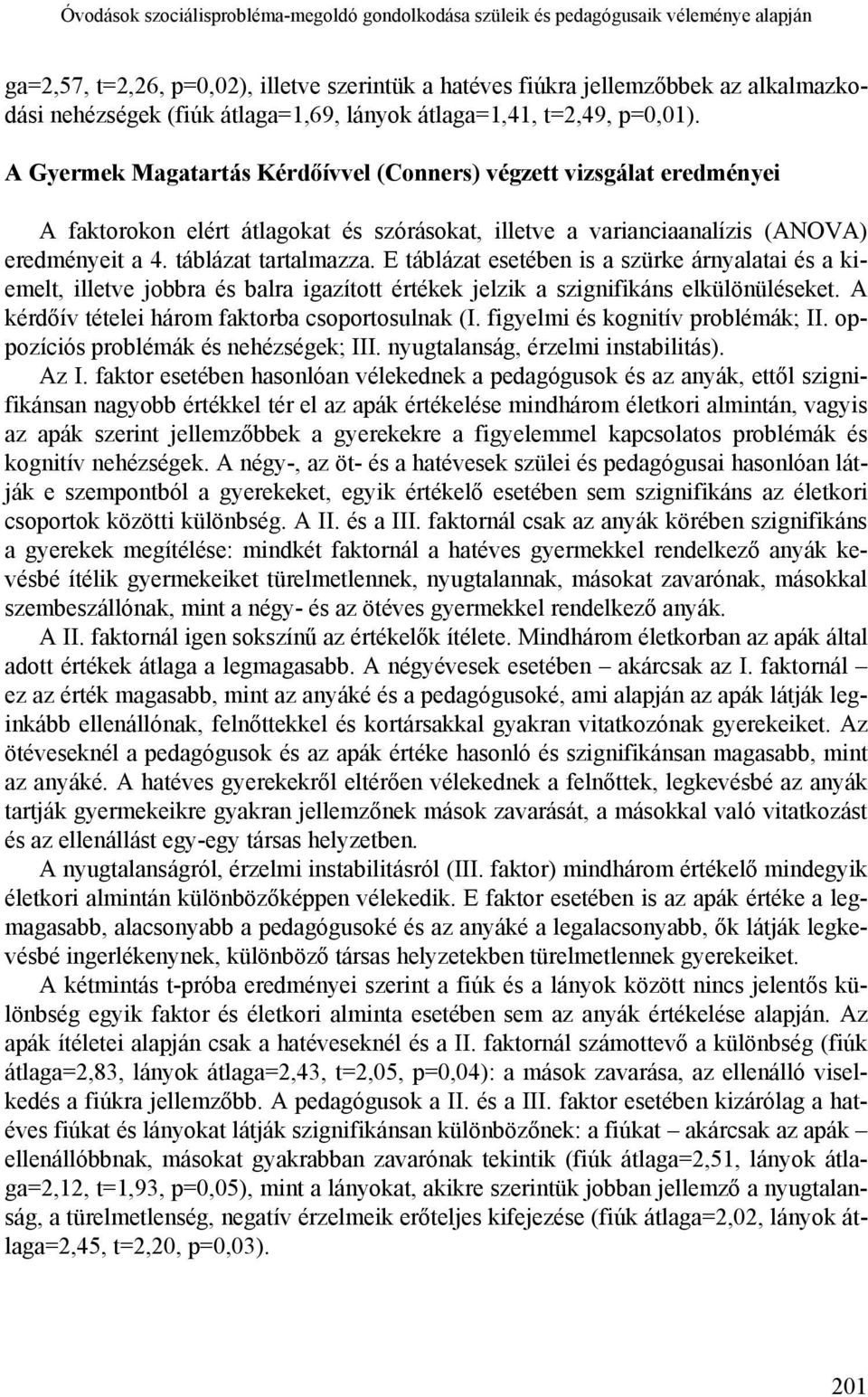 A Gyermek Magatartás Kérdőívvel (Conners) végzett vizsgálat eredményei A faktorokon elért átlagokat és szórásokat, illetve a varianciaanalízis (ANOVA) eredményeit a 4. táblázat tartalmazza.