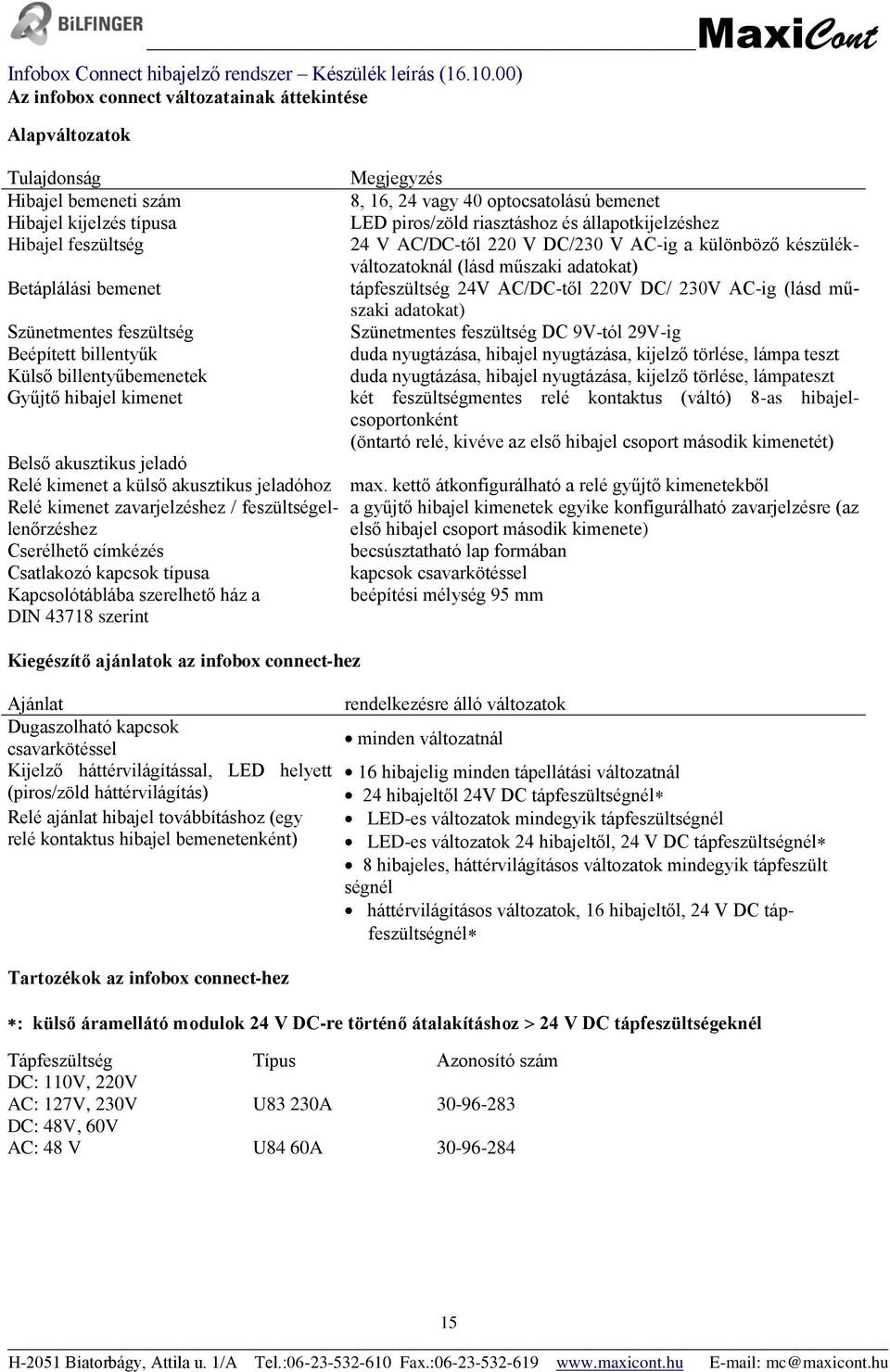 Csatlakozó kapcsok típusa Kapcsolótáblába szerelhető ház a DIN 43718 szerint Megjegyzés 8, 16, 24 vagy 40 optocsatolású bemenet LED piros/zöld riasztáshoz és állapotkijelzéshez 24 V AC/DC-től 220 V
